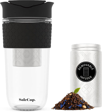 Large Travel Mug Loose Tea Infuser - Detachable Tea Strainer with Spill Proof Lid - 18oz/530ml BPA-Free Reusable Glass Travel Coffee Cup with Silicone Band (Ice Cream, 18oz)