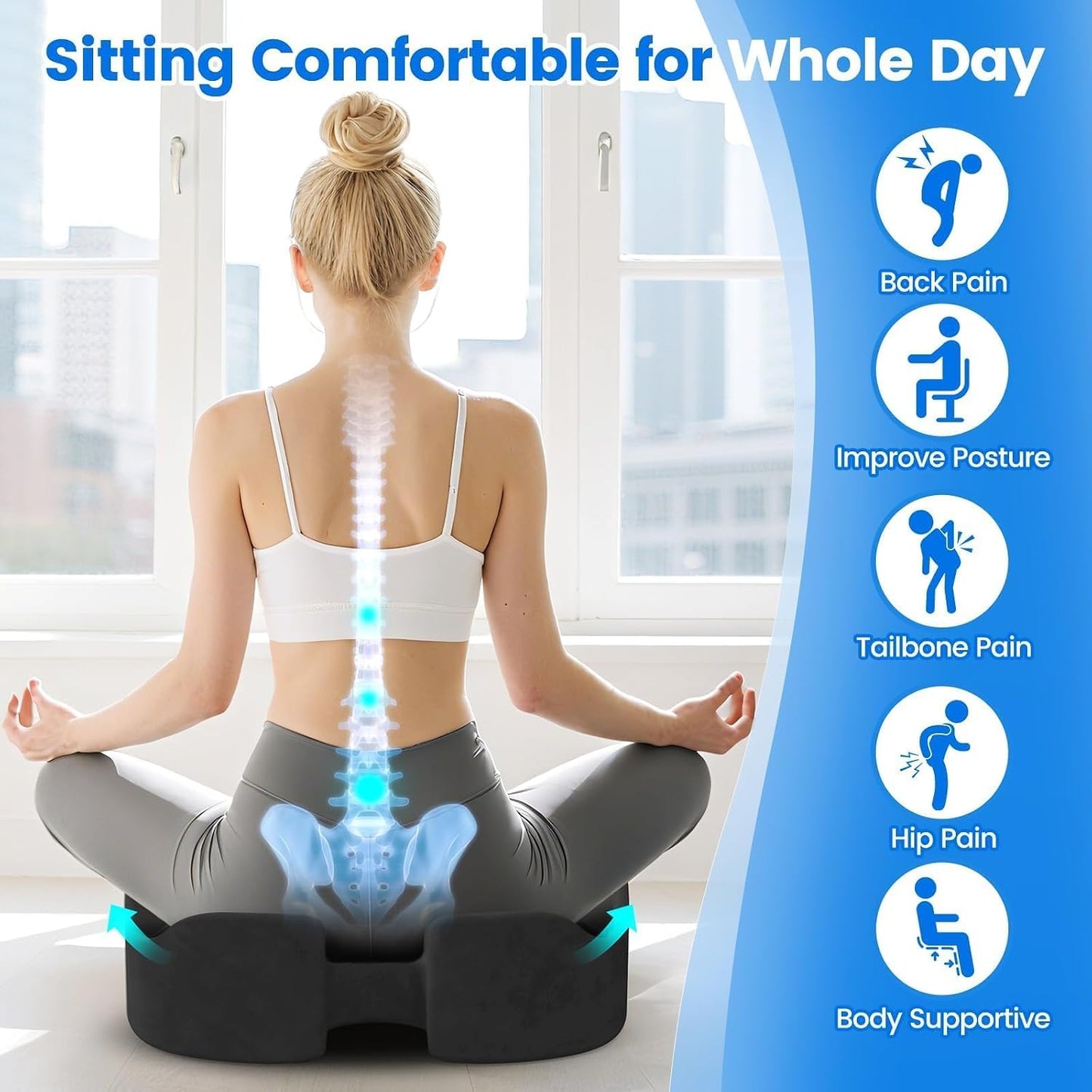 Seat Cushion, Memory Foam Chair Cushions for Tailbone/Sciatica Easing, Chair Pillow with Handles for Car, Office Chair Cushion with Non-Slip Design, Ideal for Post-Surgery Recovery(Black)