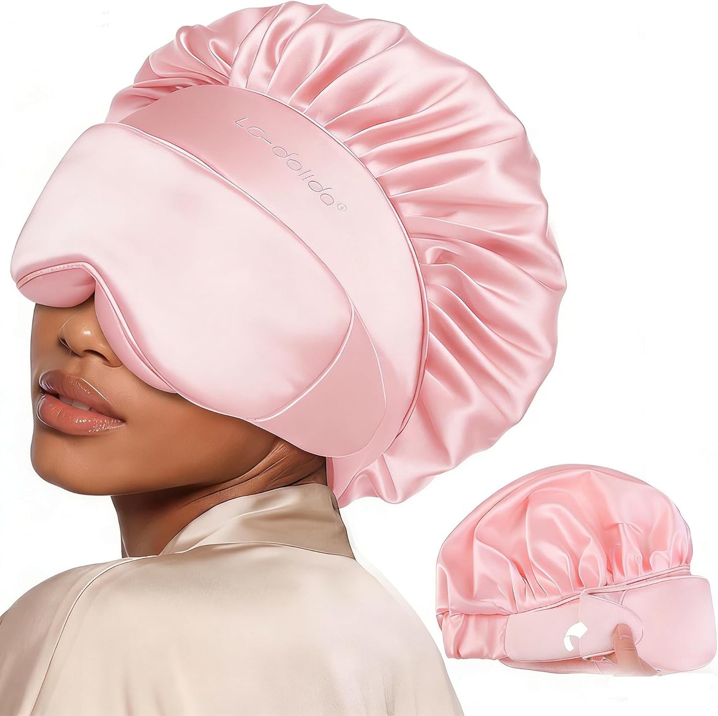 LC-dolida Satin Silk Bonnet for Sleeping Women Men, 2-in-1 Adjustable Hair Bonnet for Curly & Natural with Sleep Mask, Reduce Frizz, Lock in Moisture, Prevent Breakage and Tangles(Black)