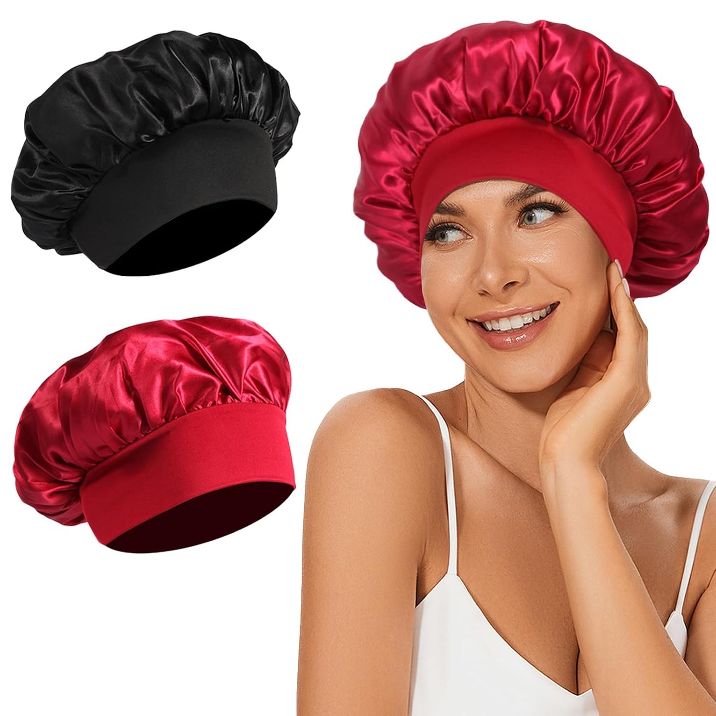 4Pcs Satin Bonnet Silk Bonnet, Hair Bonnet for Sleeping | Elastic Wide Band Silk Sleep Cap, Soft and Breathable, Black Red Purple Gold