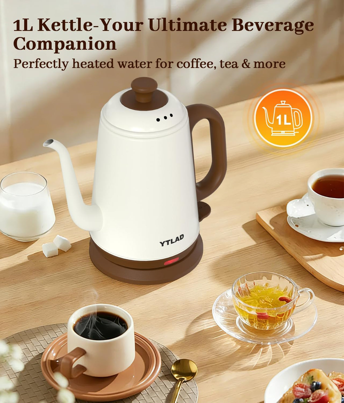 Gooseneck Electric Kettle 1L, 1000W, Pour-Over Coffee & Tea