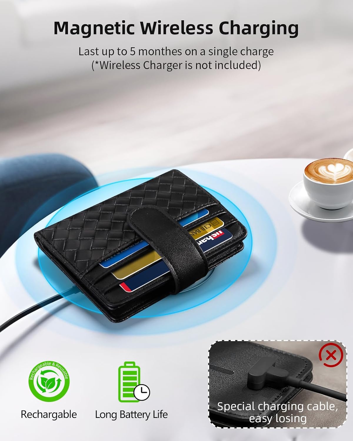 Smart Women Wallet with Find My, Wallet Tracker, RFID Blocking Bifold Credit Card Holder, Left-Behind Alerts, Play Sound, Anti-Loss, Wireless Rechargeable, Works with iPhone, iPad, Mac, Black