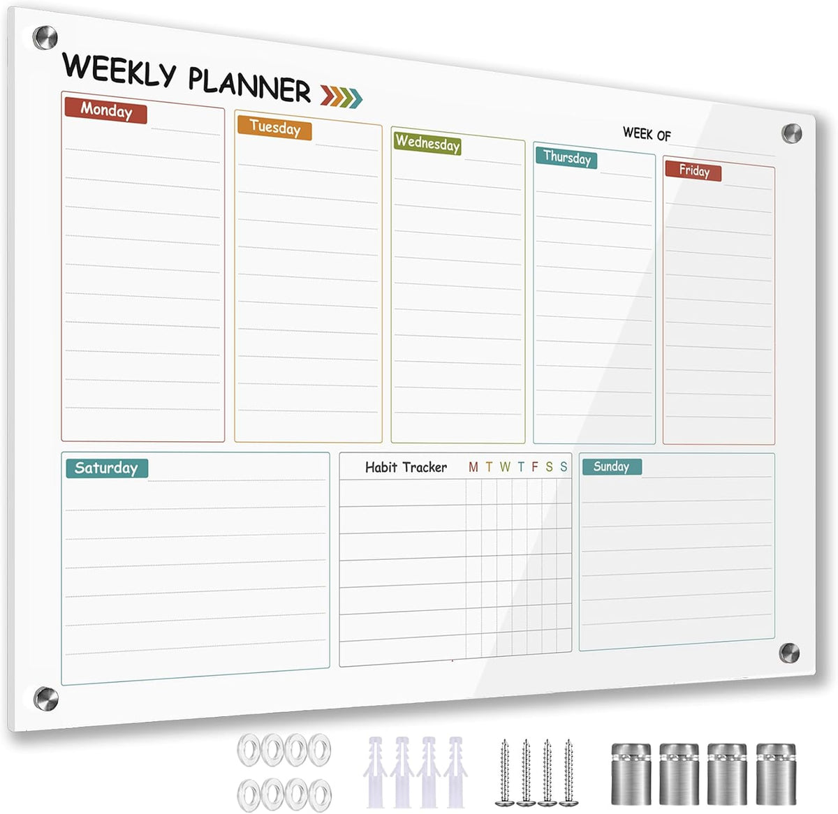 Glass Colorful Weekly Dry Erase Board for Wall,Weekly Planner Whiteboard for Wall 24"x18",Frameless Mounting,Medium Weekly Wall Calendar Dry Erase for Office/School/Home