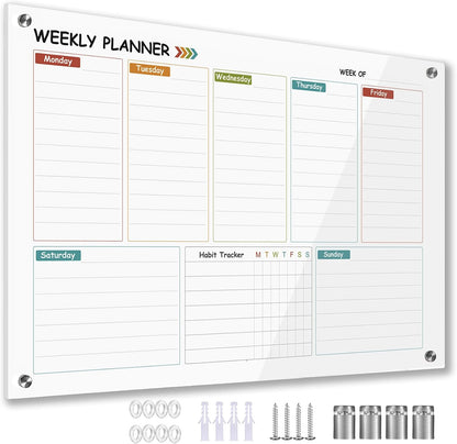 Glass Colorful Weekly Dry Erase Board for Wall,Weekly Planner Whiteboard for Wall 24"x18",Frameless Mounting,Medium Weekly Wall Calendar Dry Erase for Office/School/Home