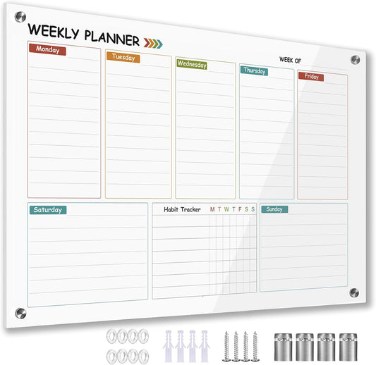 Glass Colorful Weekly Dry Erase Board for Wall,Weekly Planner Whiteboard for Wall 24"x18",Frameless Mounting,Medium Weekly Wall Calendar Dry Erase for Office/School/Home