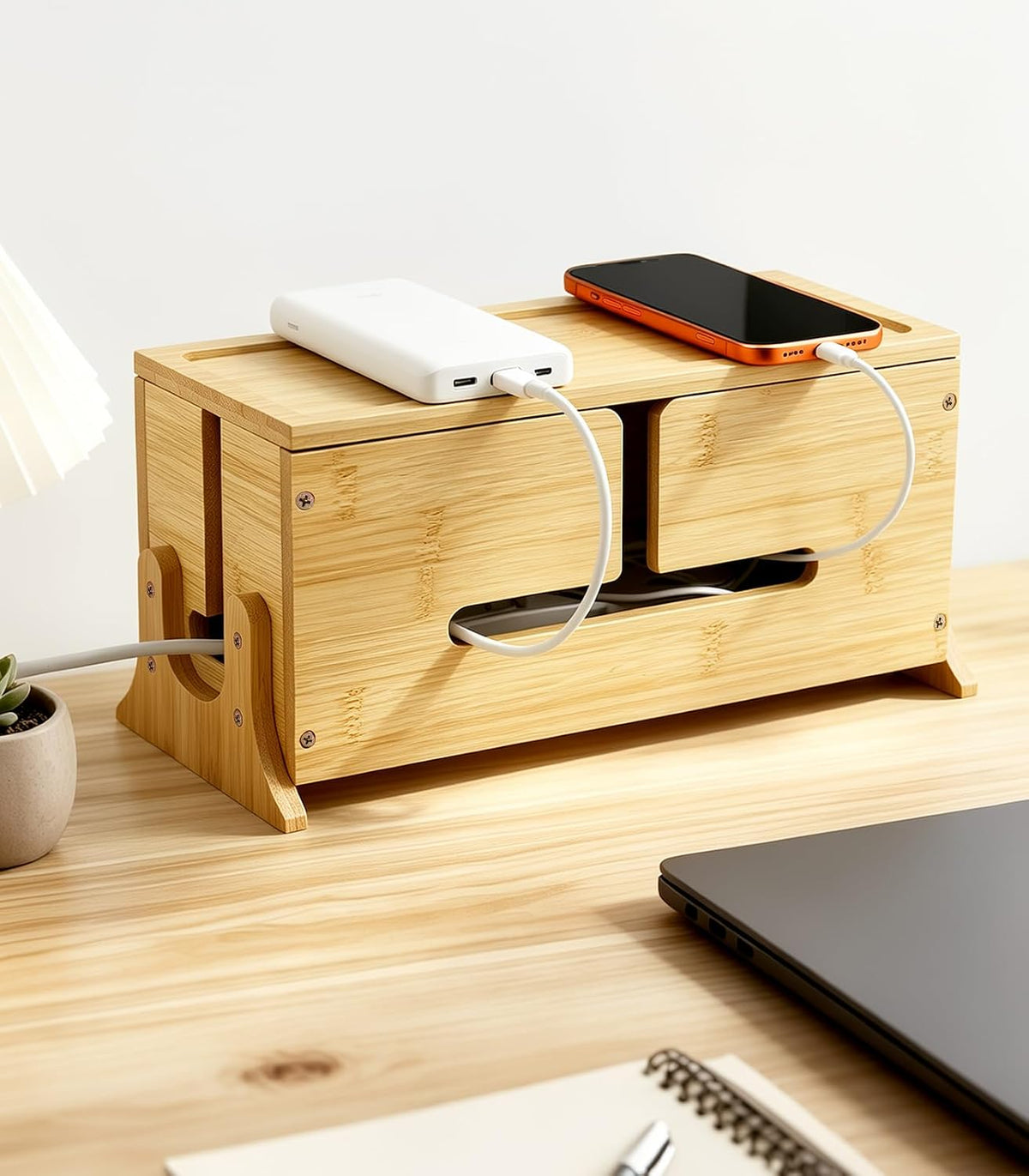 TiMOVO Cable Management Box, Bamboo Cord Organizer Box with Support Legs