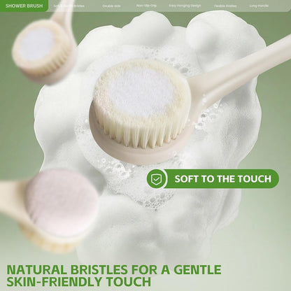 Back Scrubber for Shower, 15.7" Loofah with Handle, Back Shower Brush with Bristles and Loofah, Dry Brushing Body Brush for Cleanse Back and Hard to Reach Areas with Curved Long Handle