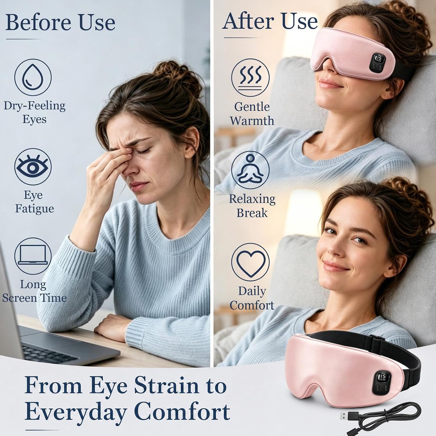 Cordless Heated Eye Mask-4 Heat Levels & 4 Timers Heated Eye Mask Rechargeable for Dry Eyes Warm Compress for Eyes Home Office Travel Sleep Soft Adjustable Portable Eye Mask Gift for Women Men