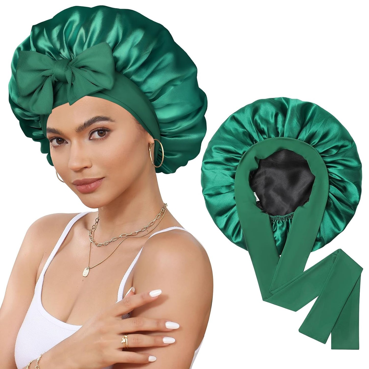 Satin Bonnet for Sleeping Cap Double Layer Hair Bonnet with Elastic Tie Band for Curly Hair Night Cap (Bean Paste + Pink)