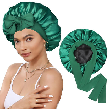 Satin Bonnet for Sleeping Cap Double Layer Hair Bonnet with Elastic Tie Band for Curly Hair Night Cap (Bean Paste + Pink)