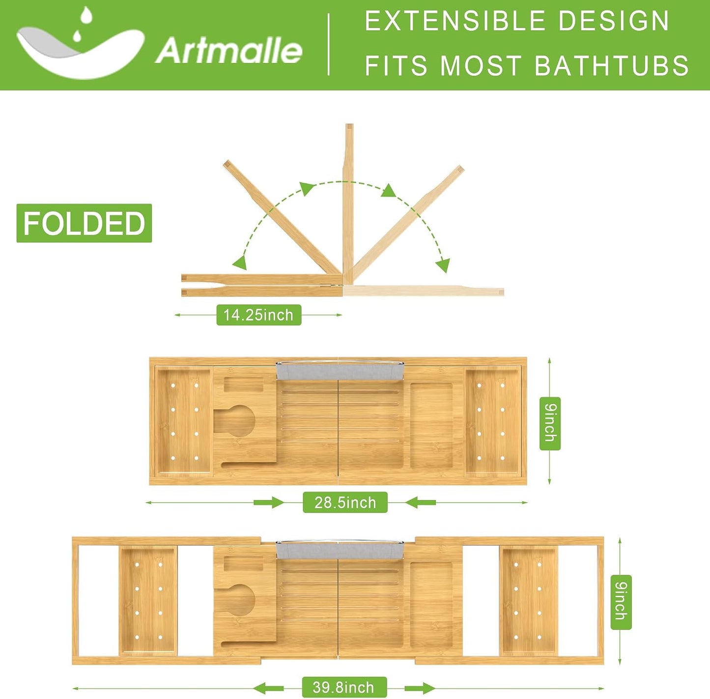Artmalle Luxury Bathtub Caddy Tray for Tub - Foldable Bamboo Bath Table Tray with Book and Wine Glass Holder, Expandable Bathroom Accessories for Spa or Reading Lite Style