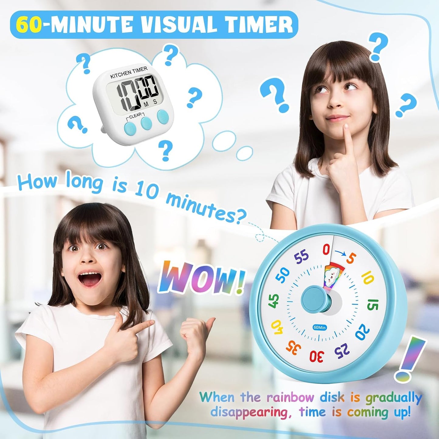 HIPPIH Visual Timer for Kids, 60 Minute Countdown Timers for Classroom Kitchen Office, Rainbow Disk Desk Timer Clock with Silent Operation, Pomodoro Timer Time Management Tools for Toddler ADHD Blue