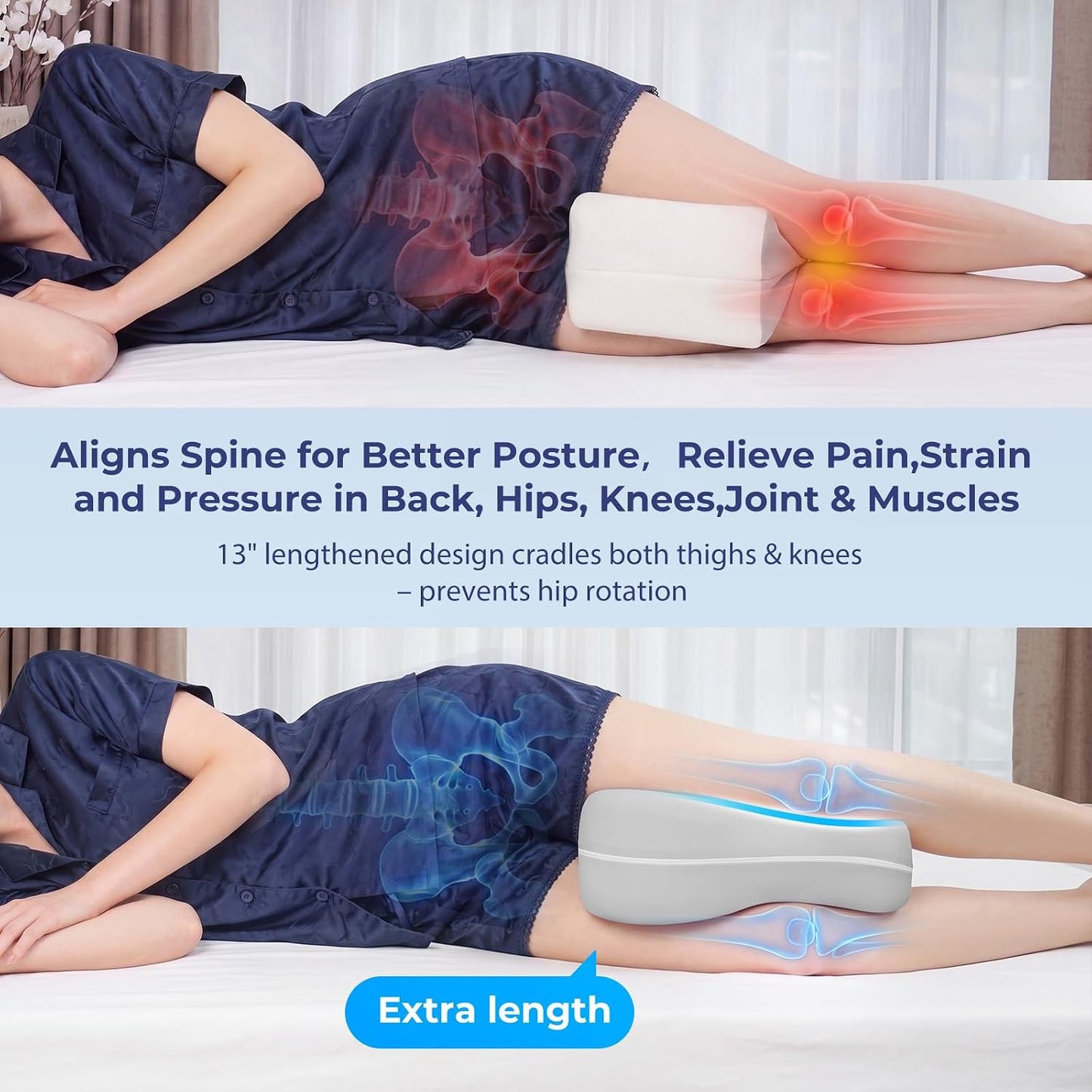13" Extended-Length Knee Pillow for Side Sleepers with Full Thigh Support | Memory Foam Leg Pillow for Side Sleeping with Airflow Vent Reduces Heat – No Stiffening, Relieves Back/Hip/Knee Pain