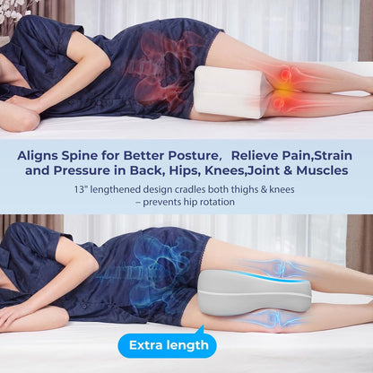 13" Extended-Length Knee Pillow for Side Sleepers with Full Thigh Support | Memory Foam Leg Pillow for Side Sleeping with Airflow Vent Reduces Heat – No Stiffening, Relieves Back/Hip/Knee Pain