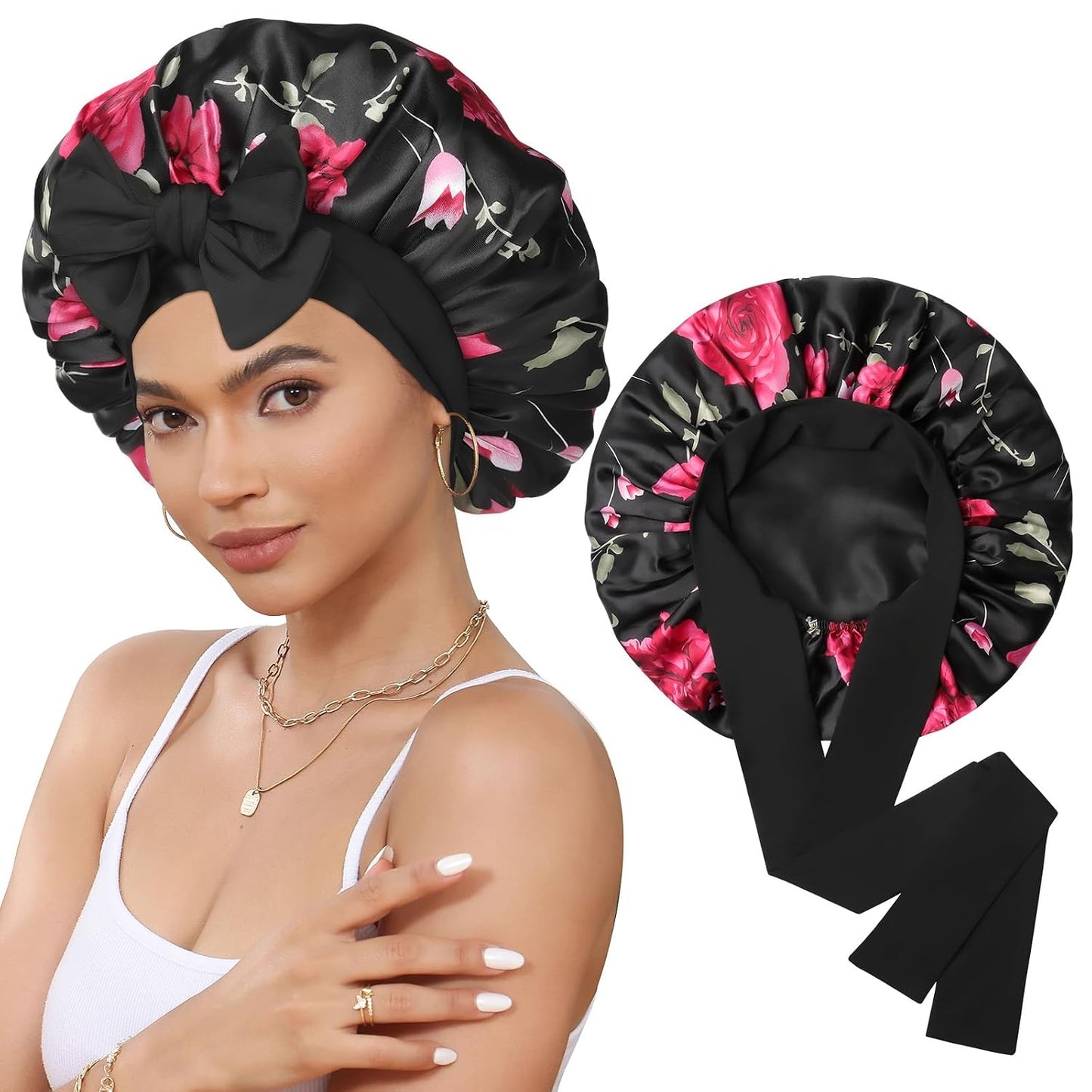 Satin Bonnet for Sleeping Cap Double Layer Hair Bonnet with Elastic Tie Band for Curly Hair Night Cap (Bean Paste + Pink)