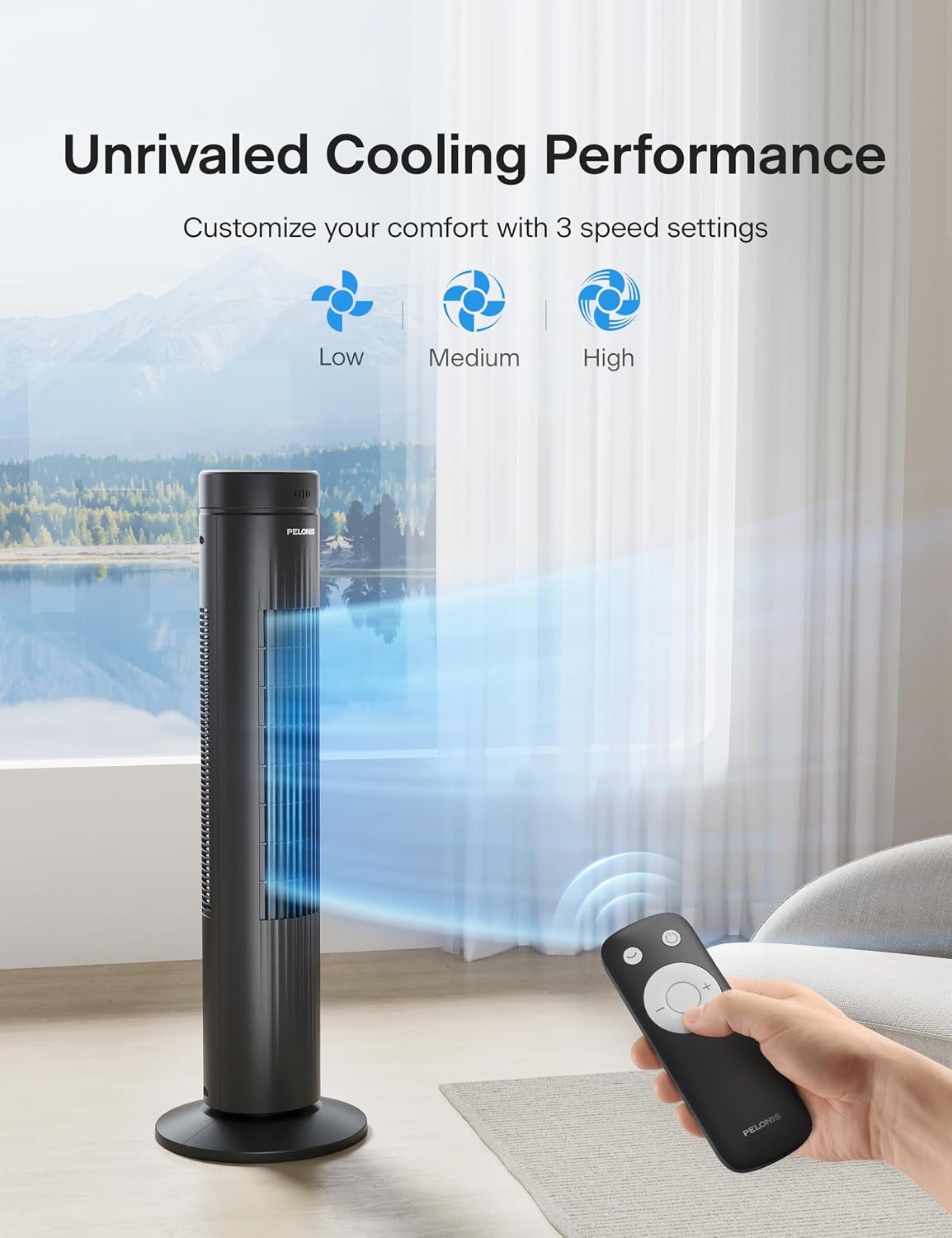 PELONIS 30 Inch Tower Fan for Bedroom, Quiet Oscillating Standing Fan with 3 Speeds, Portable Cooling Fan for Home Office Dorm Room, Auto-off Timer, Black, PFT28A2BBB