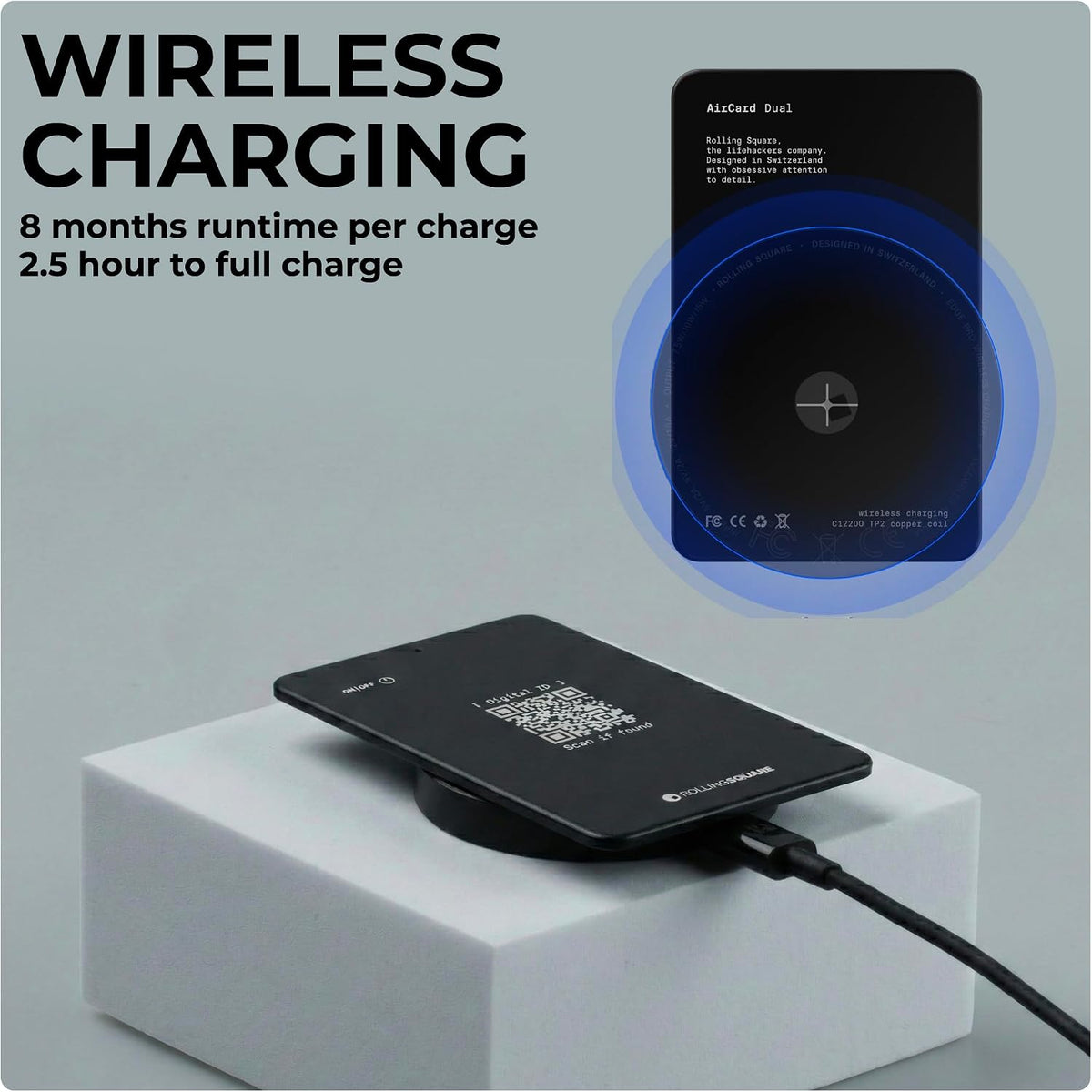 Rolling Square AirCard Dual - Bluetooth Wallet Tracker - Compatibile with Both Apple iOS Find My and Google Android Find Hub – Wireless Charging, Anti-Loss Card – Smart Locator, Black