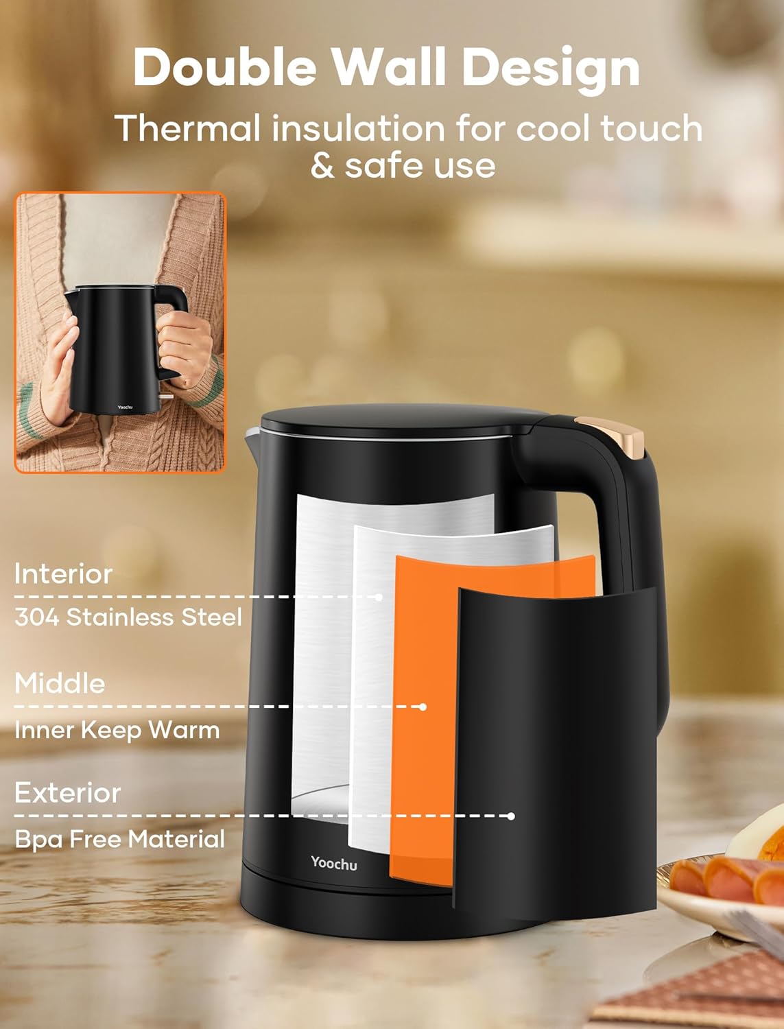 Small Electric Kettle, 0.8L Water Boiler & Heater, 1000W Hot Tea Pot, Double Wall Stainless Steel Cool Touch, Mini Coffee Kettle with Auto Shut Off & Boil Dry Protection, BPA-Free, Black