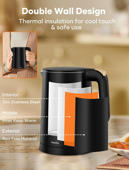 Small Electric Kettle, 0.8L Water Boiler & Heater, 1000W Hot Tea Pot, Double Wall Stainless Steel Cool Touch, Mini Coffee Kettle with Auto Shut Off & Boil Dry Protection, BPA-Free, Black
