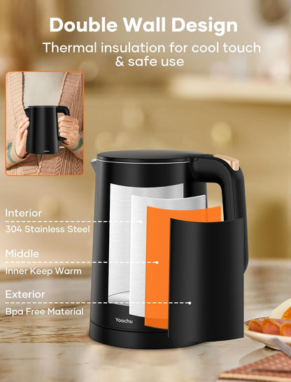 Small Electric Kettle, 0.8L Water Boiler & Heater, 1000W Hot Tea Pot, Double Wall Stainless Steel Cool Touch, Mini Coffee Kettle with Auto Shut Off & Boil Dry Protection, BPA-Free, Black
