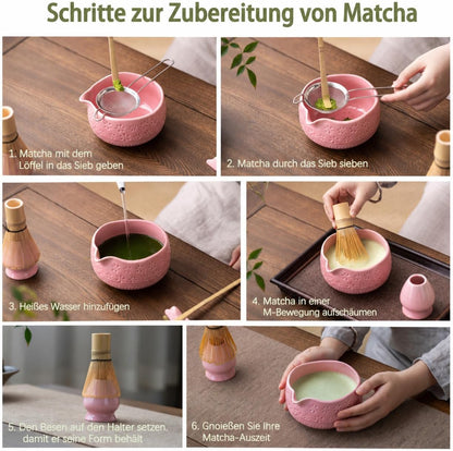 Buucup Matcha Whisk Set, Ceramic Matcha Kit Set Includes Matcha Bowl, Matcha Whisk and Holder, Bamboo Scoop, Scoop Rest, Sifter and Tea Towel - 7 Pcs Matcha Kit for Matcha Lovers (Mottled Green)