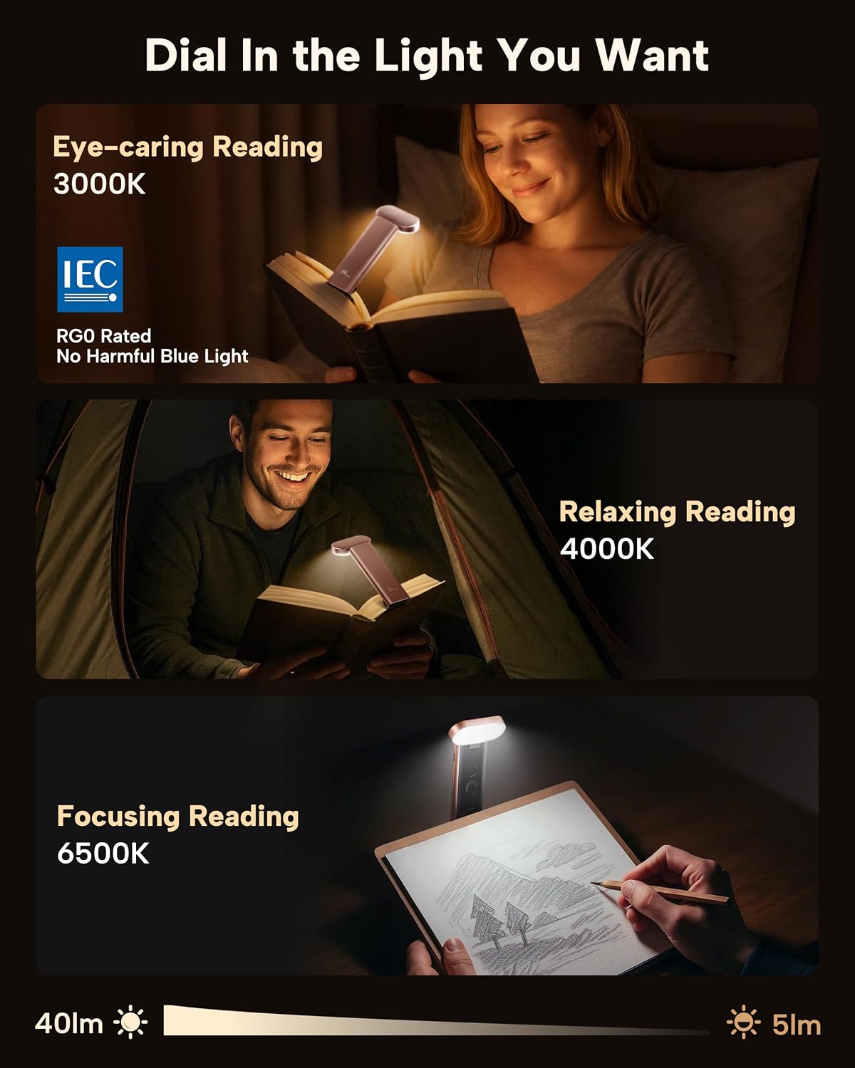 86lux Book Light, Rechargeable Reading Light for Book in Bed