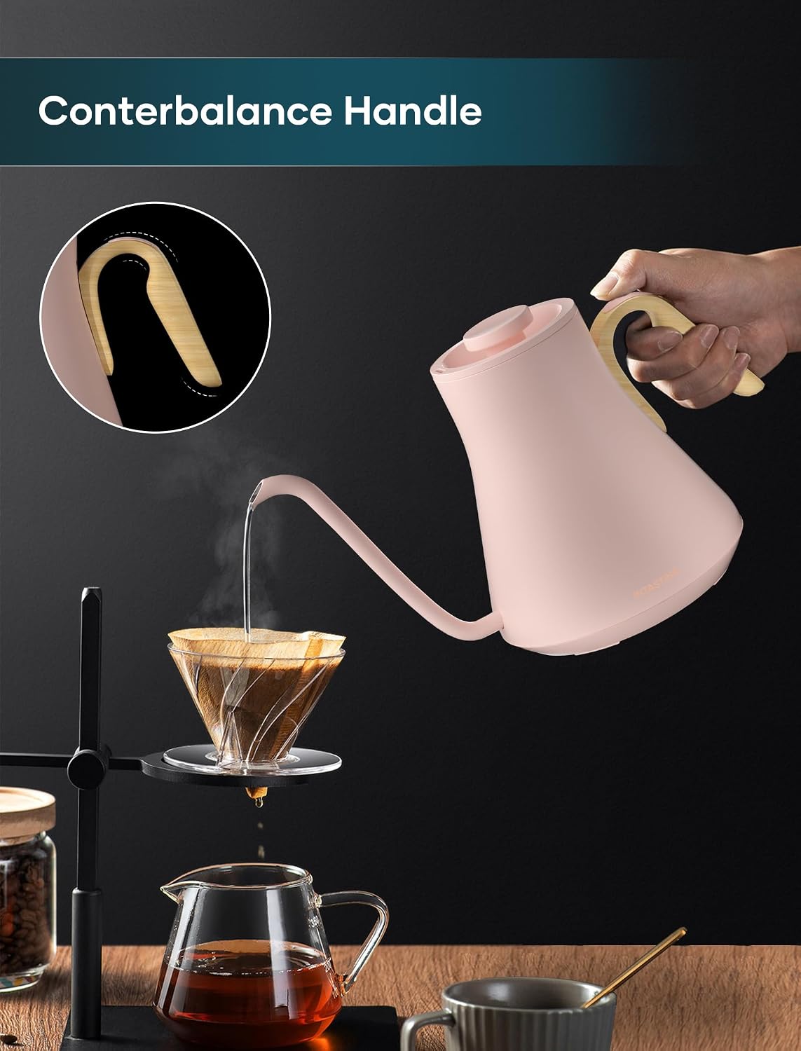 INTASTING Electric Kettle, Gooseneck Electric Kettle, ±1℉ Precise Temperature Control, Stainless Steel Interior, Quick Heating for Pour Over Coffee, Tea & Boiling Water, 0.9L (Black)