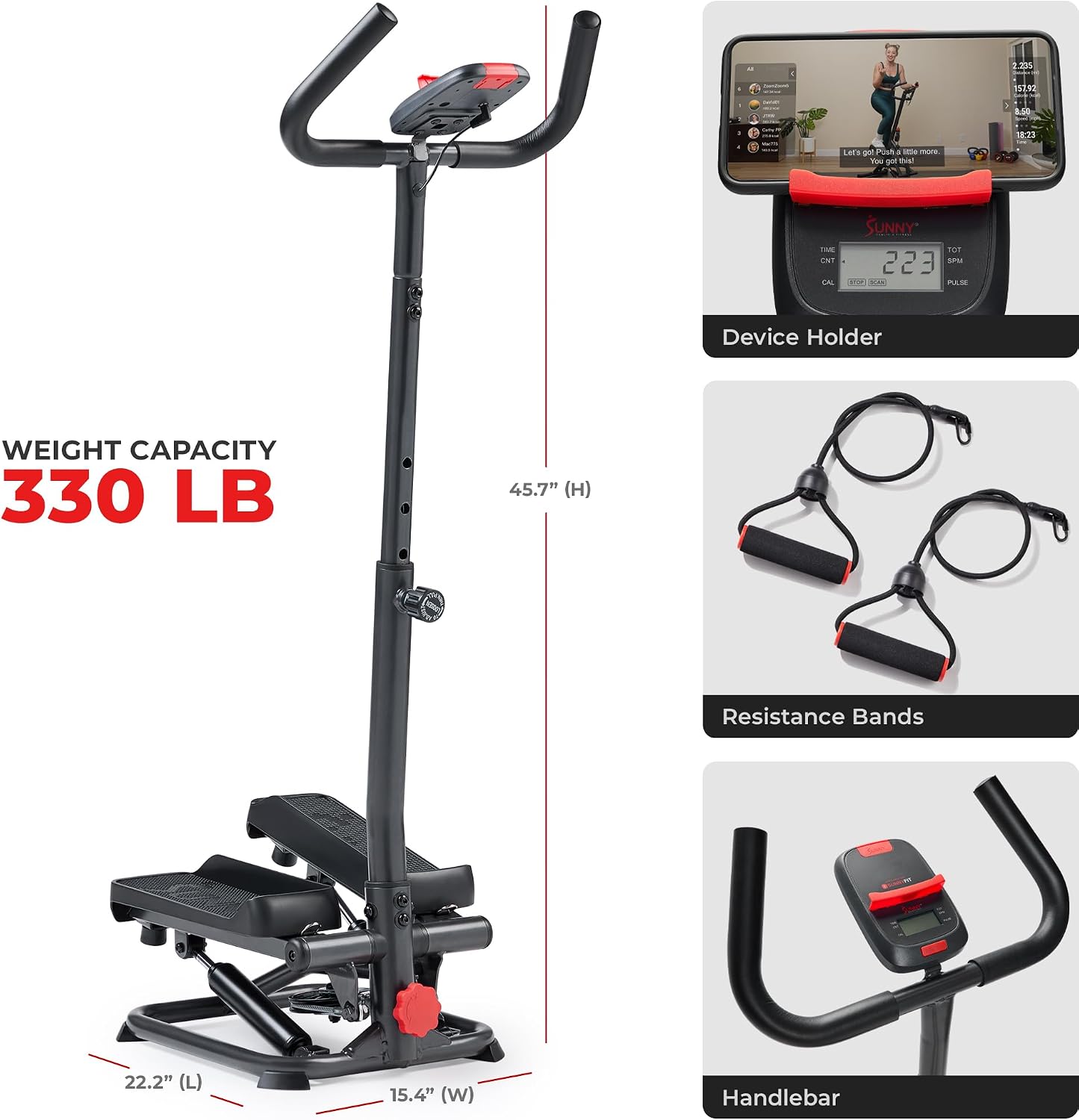 Sunny Health & Fitness Smart Stair Stepper w/Handlebar & Resistance Bands