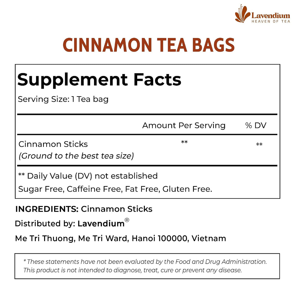 Lavendium Ceylon Cinnamon Tea Bags, Cinnamon Tea, Caffeine-Free