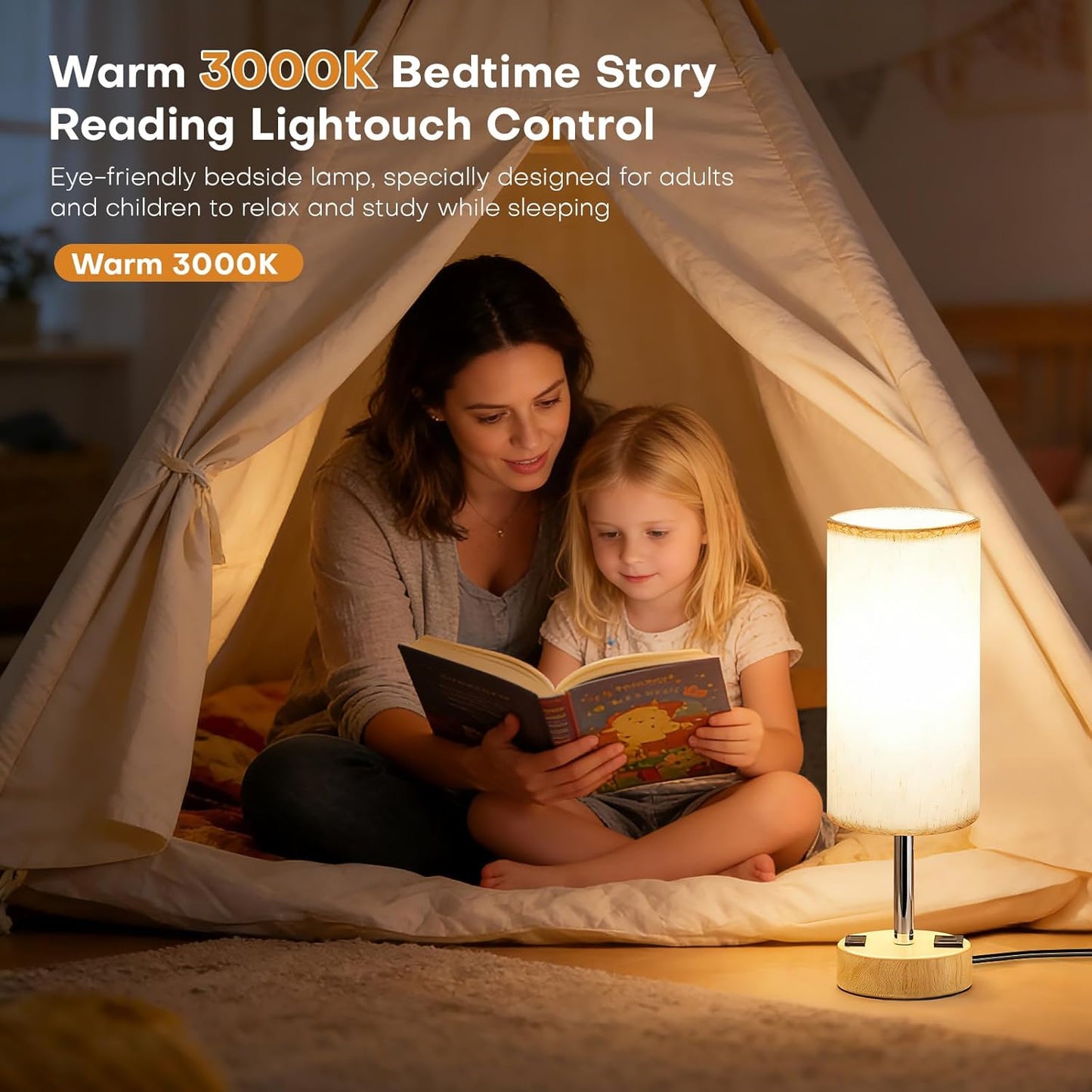 MOICO Bedside Table Lamp for Bedroom, 3-Way Dimmable Nightstand Lamp with USB C, USB A Ports & AC Outlet, Small Table Lamp Fabric Shade for Living Room Dorm Office, LED Bulb Included (14in Wood Grain)