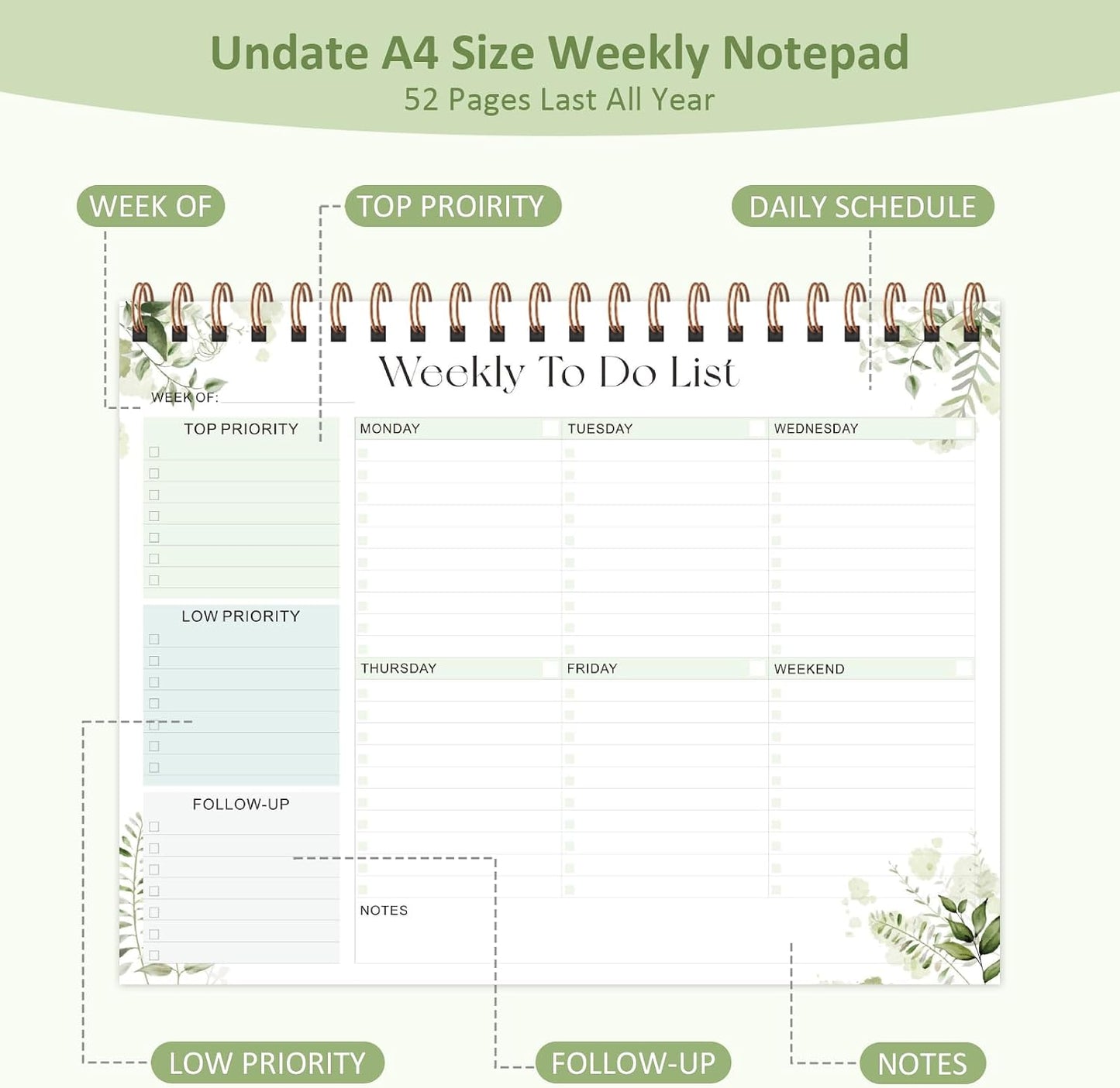 Weekly To Do List Notepad, 52 Sheets, Undated Weekly Planner, Letter Size | 8.5"x11", 100GSM, Thick Paper, Twin-Wire Spiral Bound, Tear Off Desk Pad, For Women & Man, Home School & Office Work
