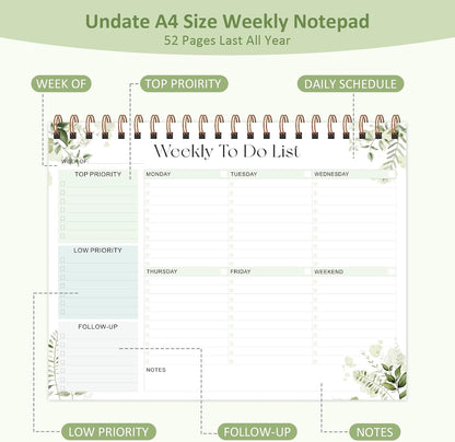 Weekly To Do List Notepad, 52 Sheets, Undated Weekly Planner, Letter Size | 8.5"x11", 100GSM, Thick Paper, Twin-Wire Spiral Bound, Tear Off Desk Pad, For Women & Man, Home School & Office Work