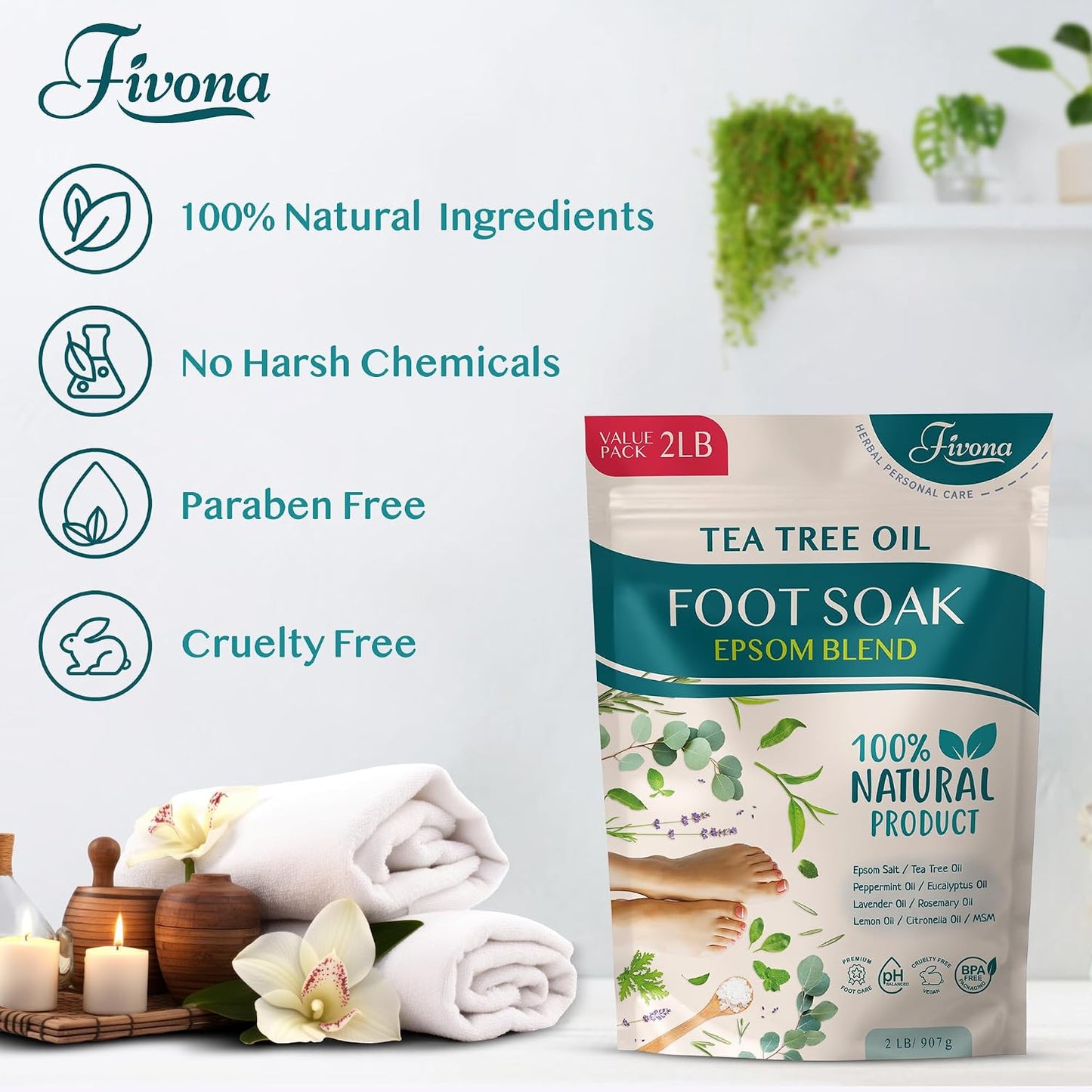 Fivona Tea Tree Foot Soak Blend 14.1 oz - Epsom Salt with Essential Oils for Healthy Toenails, Soothing Relief, Callus Softening - Pedicure Therapy for Soft, Rejuvenated Feet