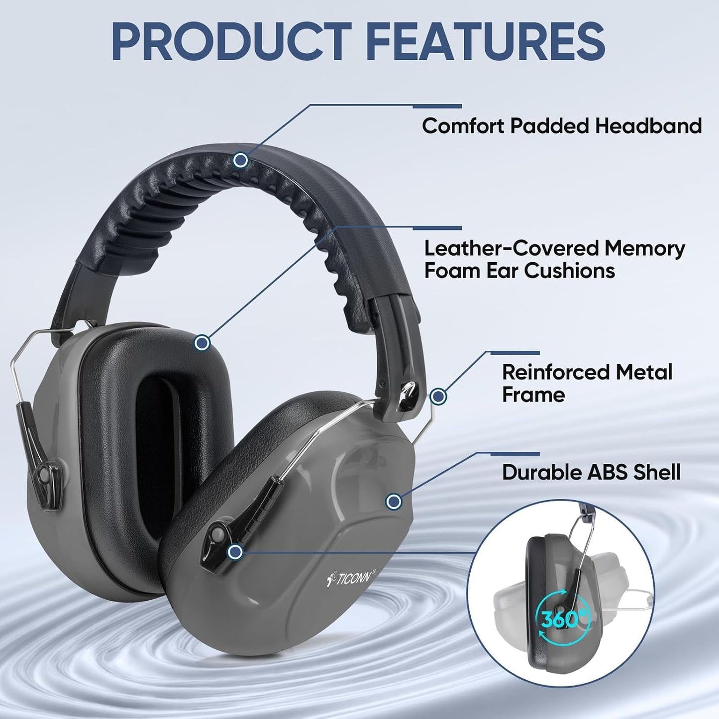 TICONN Noise Cancelling Ear Muffs for Adults, SNR 33dB Hearing Protection, Adjustable Safety Earmuffs for Construction