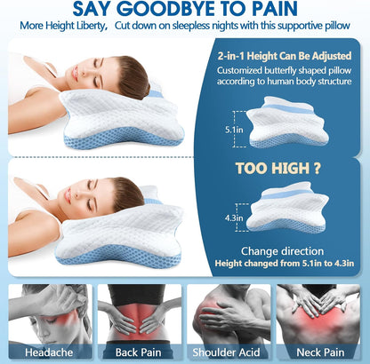 CHxxy Cervical Neck Pillow for Pain Relief Sleeping, Memory Foam Pillows, Ergonomic Side Sleeper Pillows, Cooling Orthopedic Neck Support Pillow for Back Stomach Sleepers-Queen Size Grey&Grey