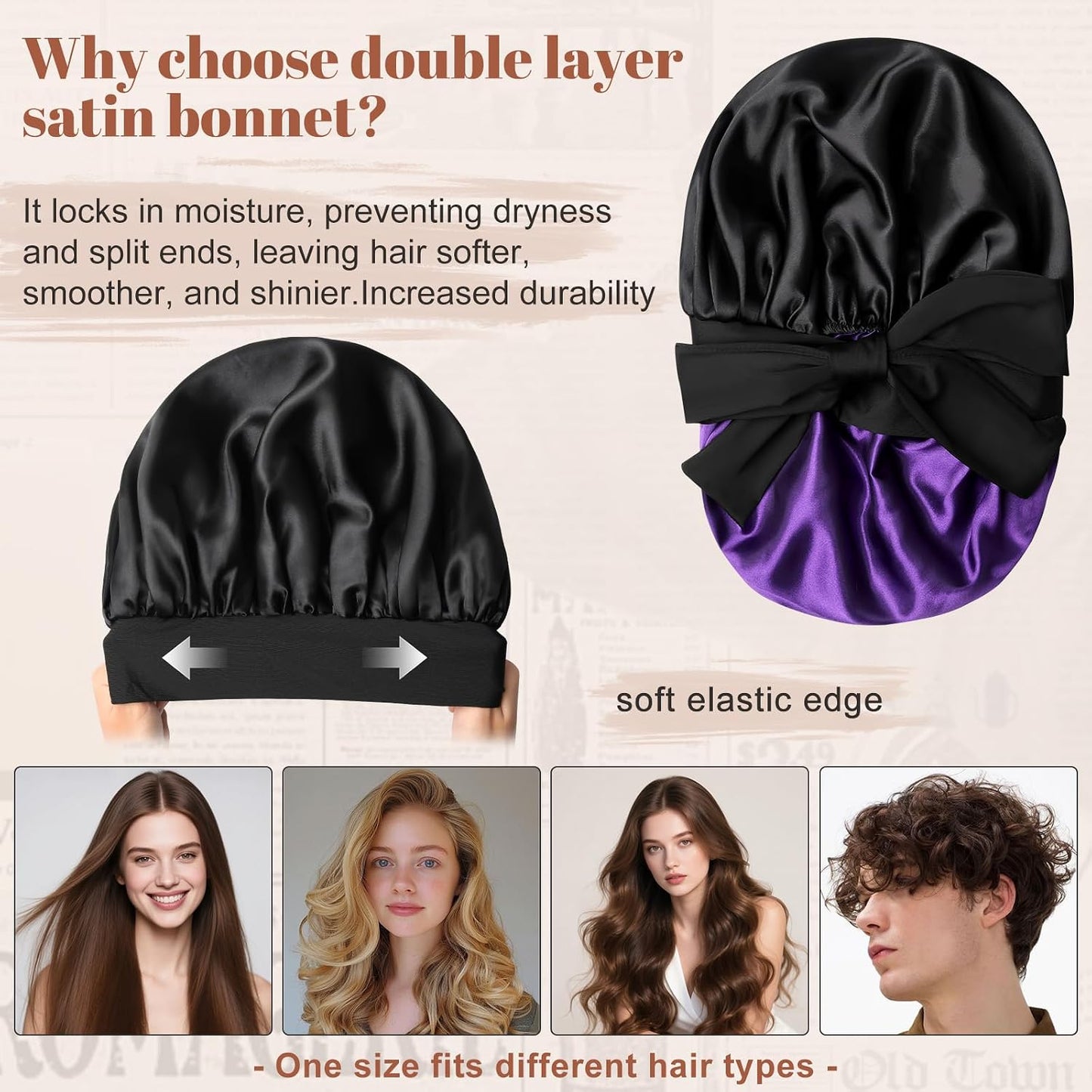 Satin Bonnet for Sleeping Cap Double Layer Hair Bonnet with Elastic Tie Band for Curly Hair Night Cap (Bean Paste + Pink)