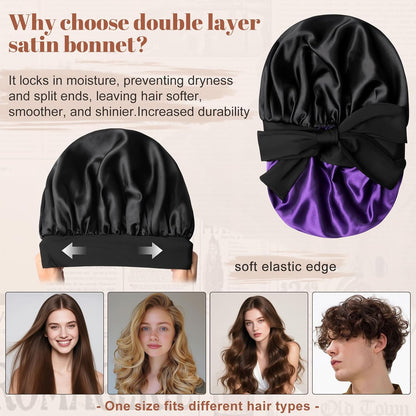 Satin Bonnet for Sleeping Cap Double Layer Hair Bonnet with Elastic Tie Band for Curly Hair Night Cap (Bean Paste + Pink)