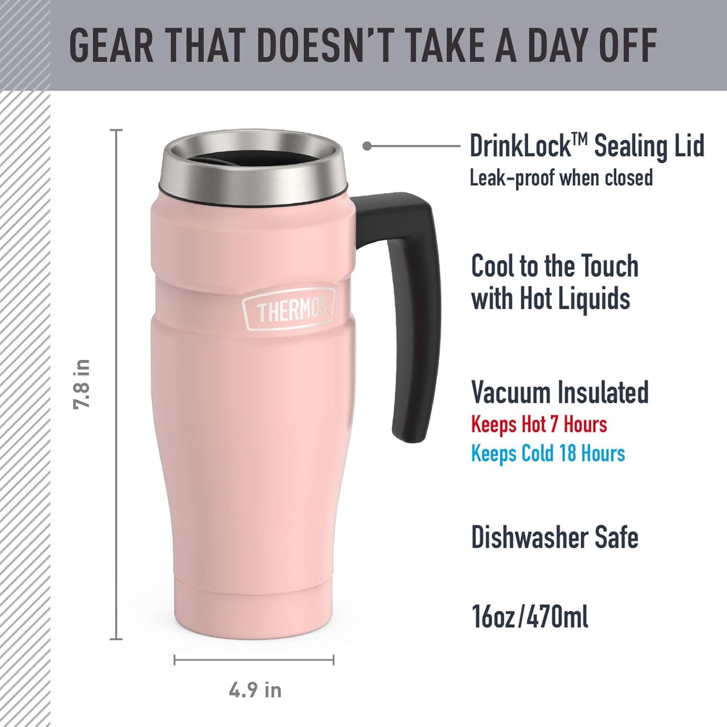 THERMOS Stainless King Vacuum-Insulated Travel Tumbler, 16 Ounce, Matte Steel