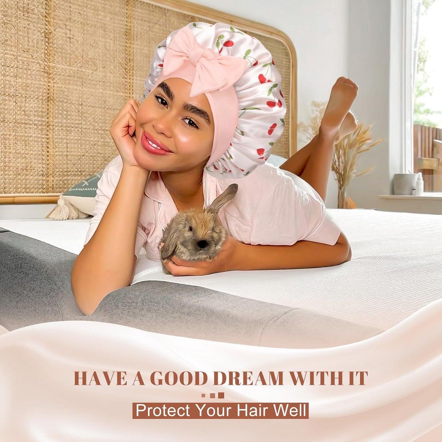 Satin Bonnet for Sleeping Cap Double Layer Hair Bonnet with Elastic Tie Band for Curly Hair Night Cap (Bean Paste + Pink)