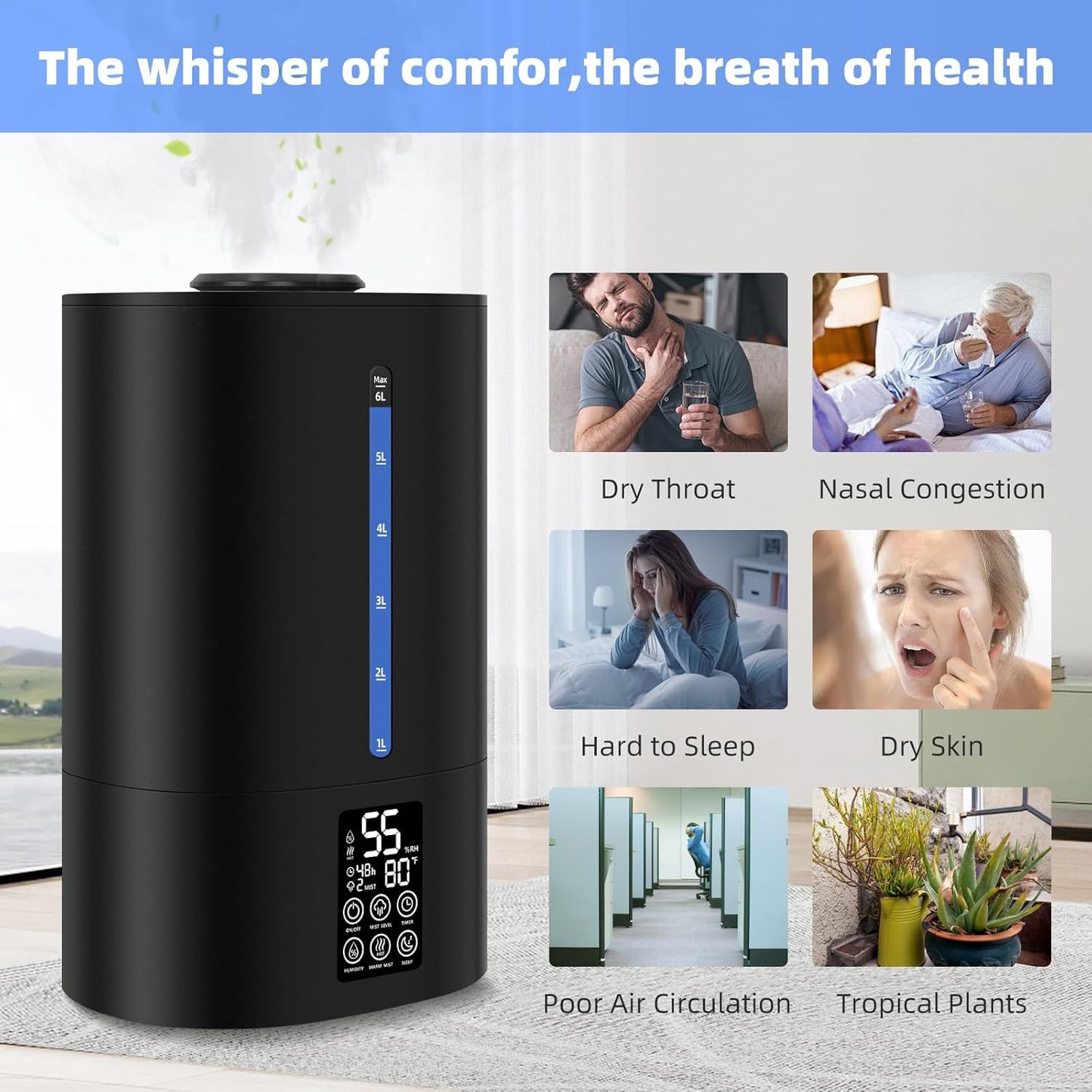Coolfiqu 6L Humidifiers for Bedroom Large Room Home,Cool and Warm Humidifier for Baby and Plants Hot Mist Top Fill Desk Humidifiers Oil Diffuser,Quiet,Adjustable Mist,360°Nozzle-Black(2026 Upgraded)