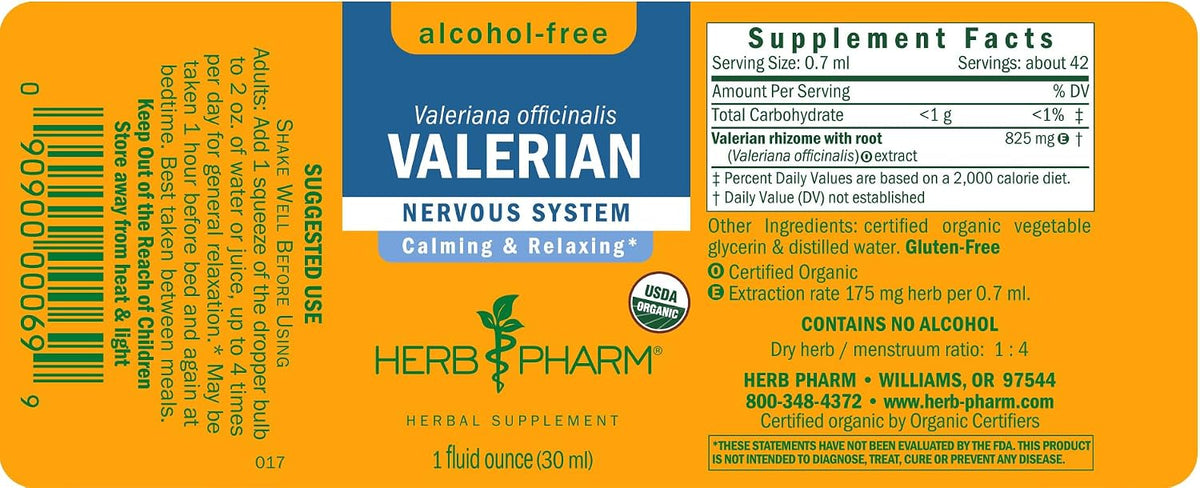 Herb Pharm Valerian Alcohol-Free Extract: Organic Liquid Glycerite for Sleep & Relaxation, Calming Nighttime Sleep Support Supplement for Adults, Sugar-Free, Up to 6 Week Supply, 1 oz