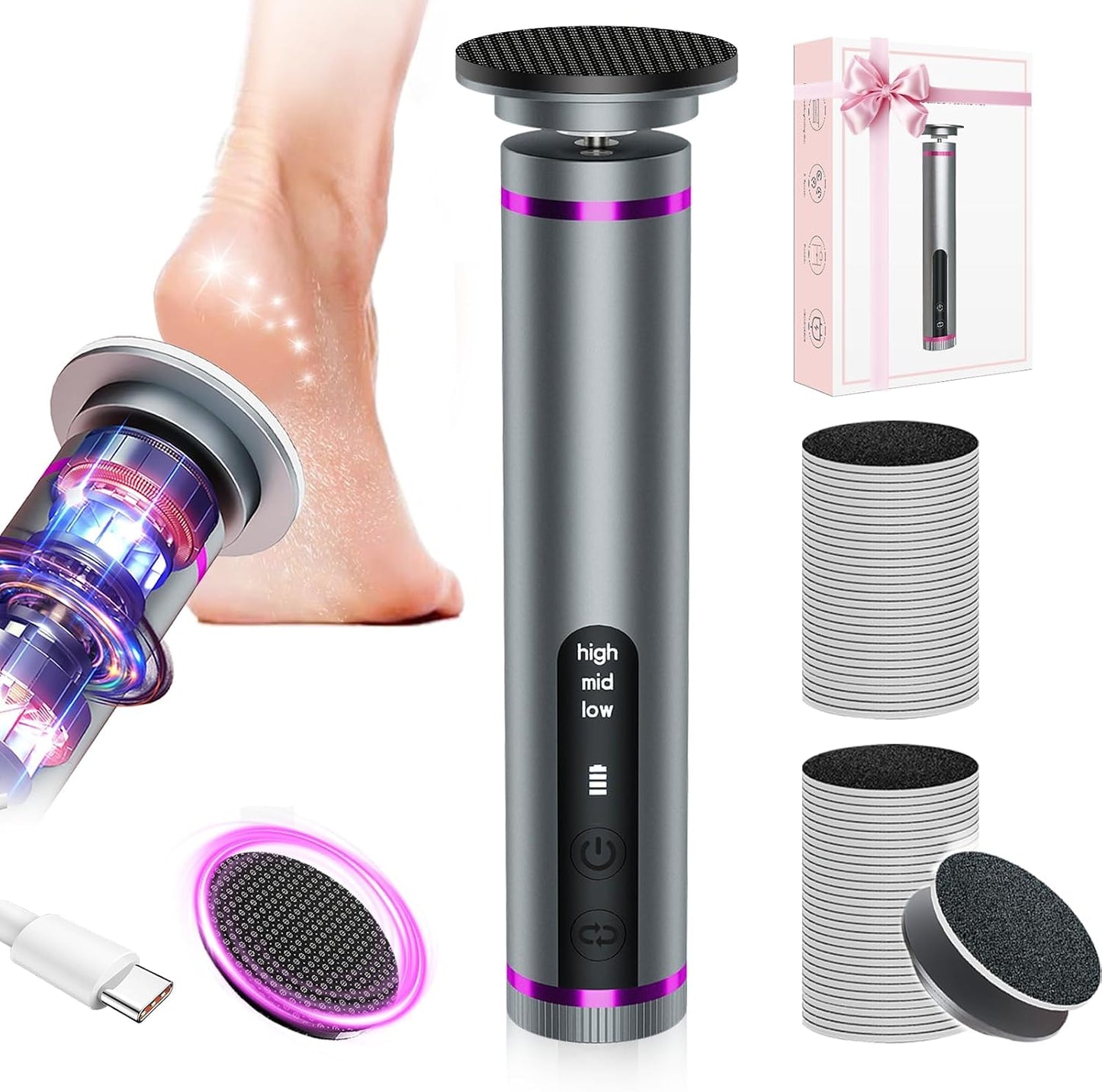 Electric Foot Callus Remover with 2600mAh Battery, 60Pcs Sandpaper Discs