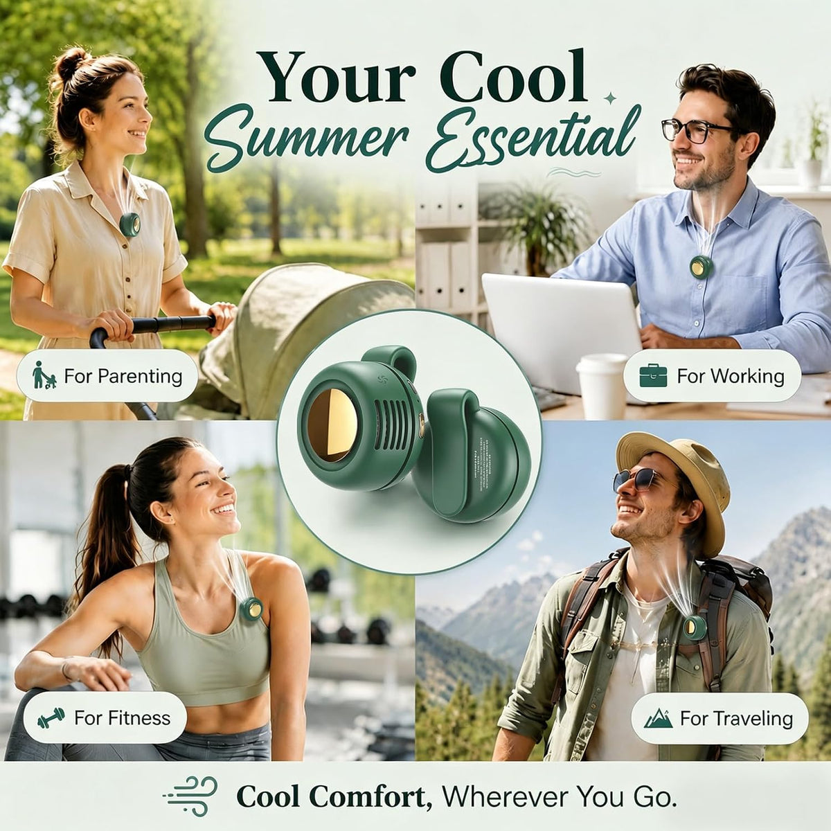 Portable Clip-On Fan, Mini Bladeless Waist Fan, 5100RPM 25dB Ultra-Quiet 3-Speed Rechargeable Small Whirlwind Fan, Hands-Free Personal Cooling for Outdoor Travel Office Camping with USB-C