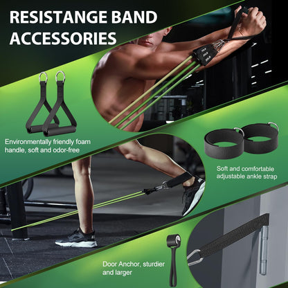 WHATAFIT Resistance Bands, Exercise Bands, Workout Bands with Handles, Door Anchor and Ankle Straps, 5 Resistance Levels Fitness Bands for Strength Training, Physical Therapy, and Home Gym Equipment