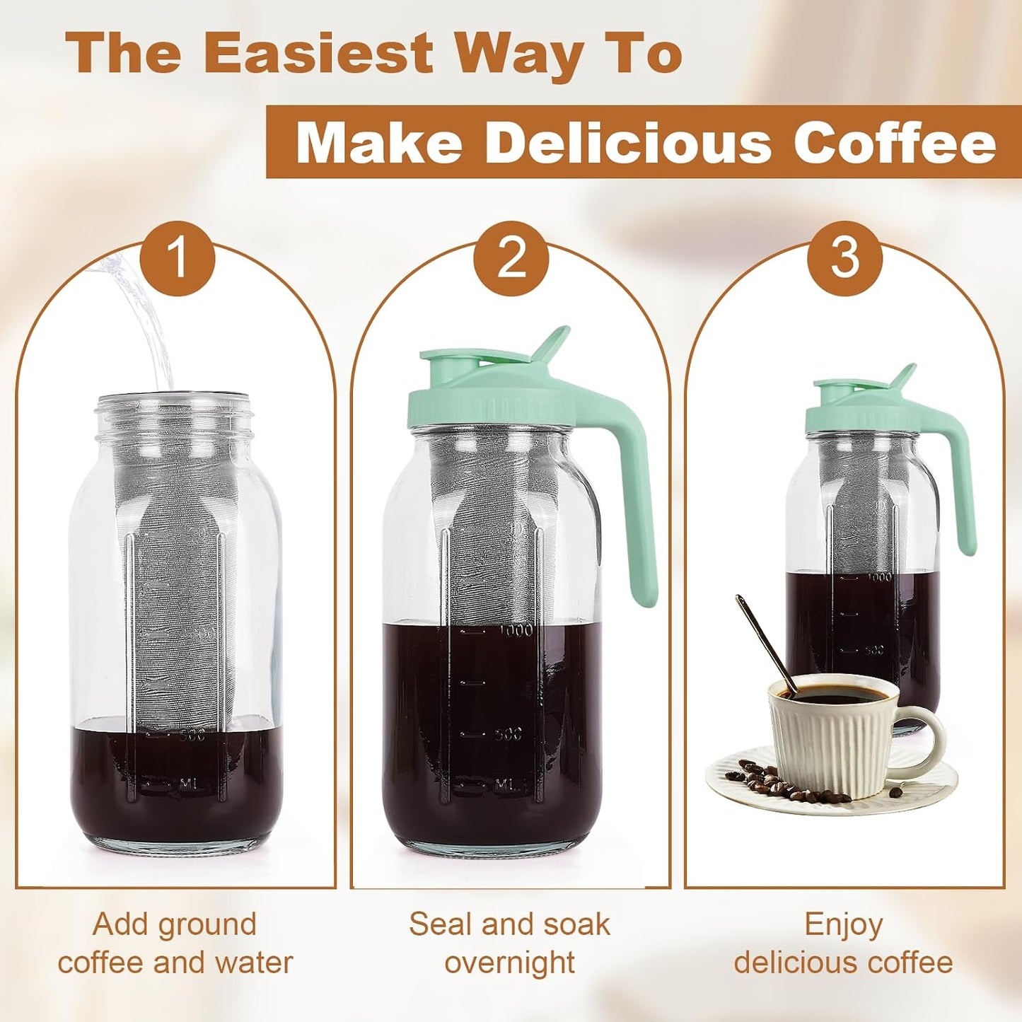 Cold Brew Coffee Maker,64 oz Mason Jar Pitcher with Stainless Steel Filter, Pour Spout Handle Lid, Heavy Duty Glass Airtight & Leak-Proof for Iced Coffee,Tea & Lemonade