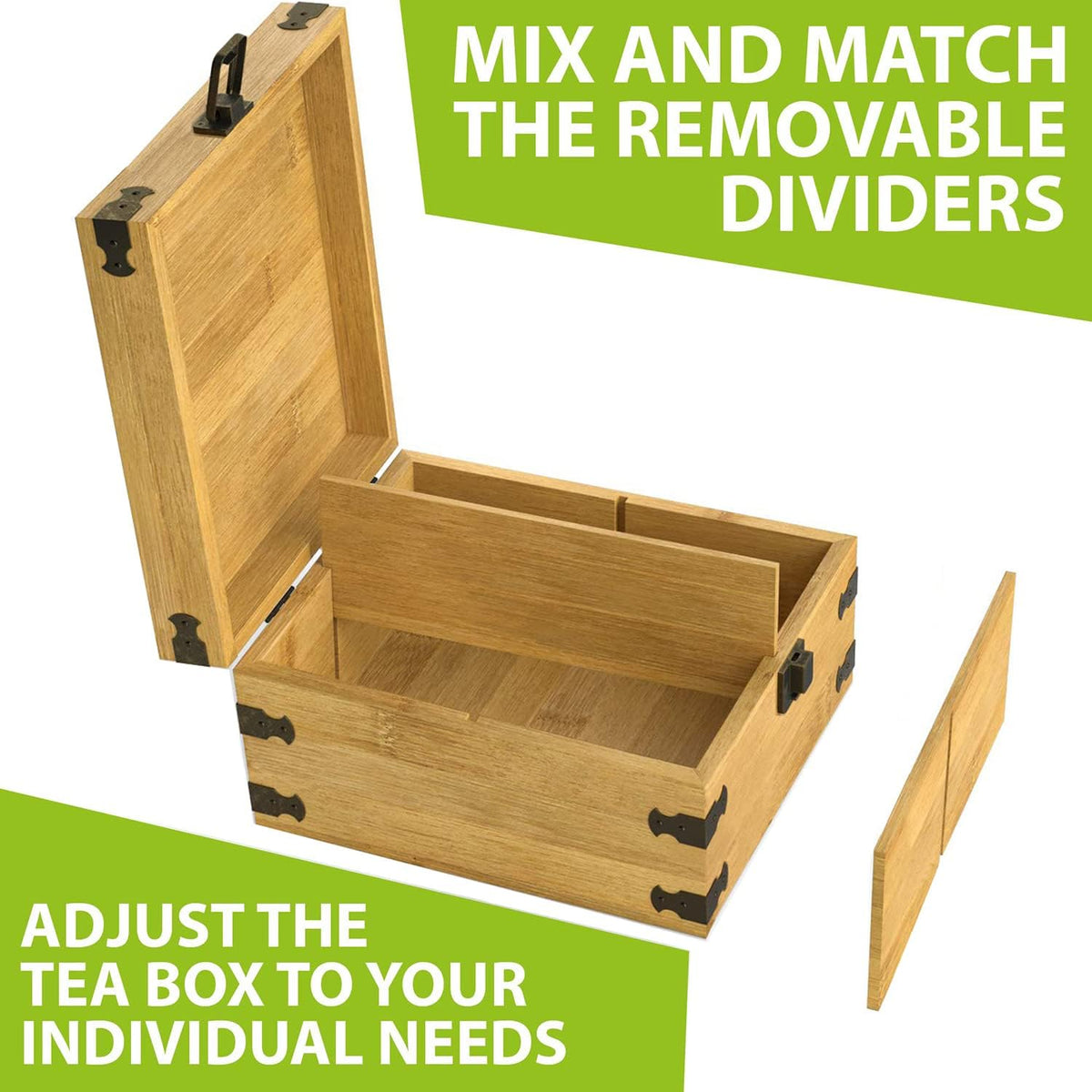 Tea Organizer Box Food Safe Chemical Free Bamboo Wood Storage Chest Big, Tall, Adjustable Cubbies (8-Slot 14.3" x 8.1" x 4.2" with TEA print design)