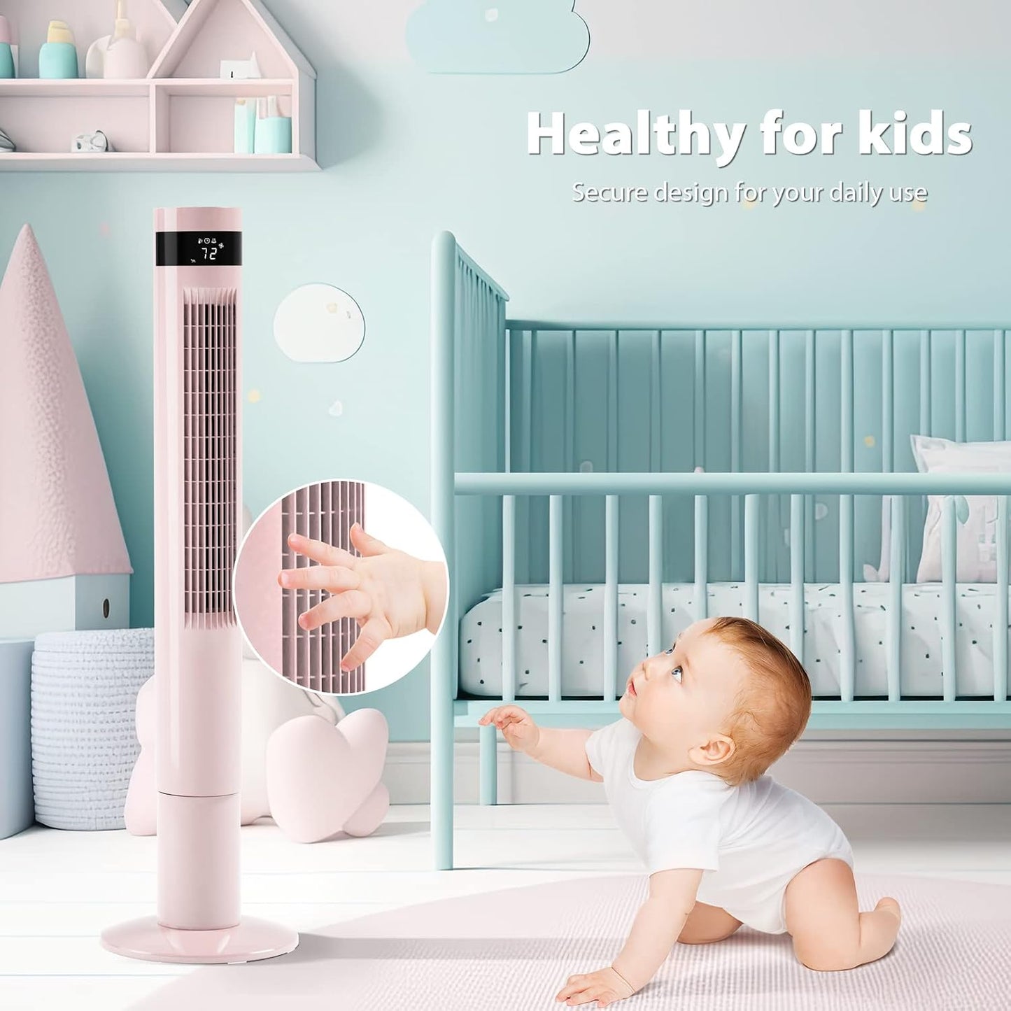 Antarctic Star Tower Fan 85°Oscillating Fan Quiet Cooling 12H Timer Remote Control Bladeless Electric 3 Speeds Wind 3 Modes, 42INCH, PINK