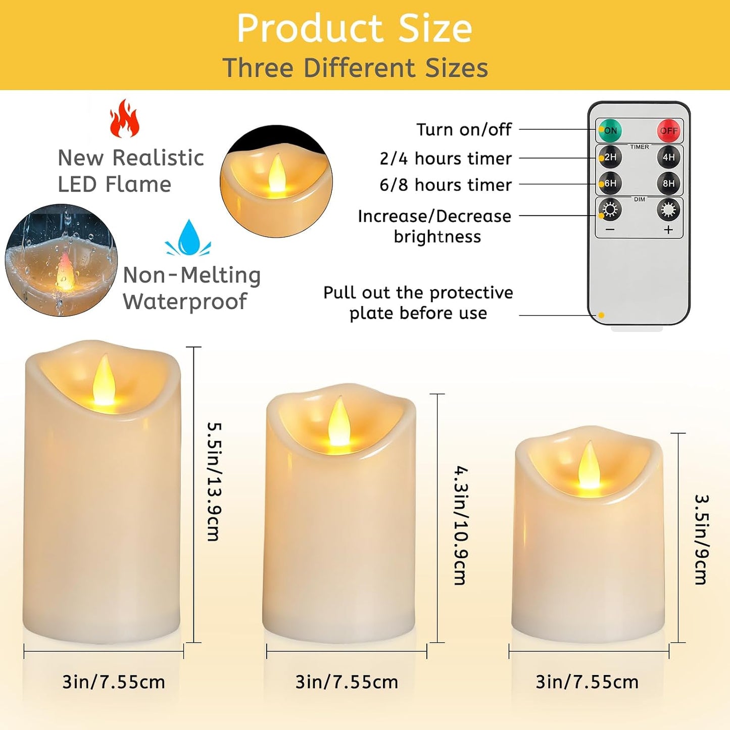 Flameless Candles 4" 5" 6" Set of 3 Outdoor Indoor Ivory Pillars Battery Operated Flickering Candles with Cozy Climbing Flame Effect, 8-Key Remote Timer, Plastic LED Candles for Wedding Decor