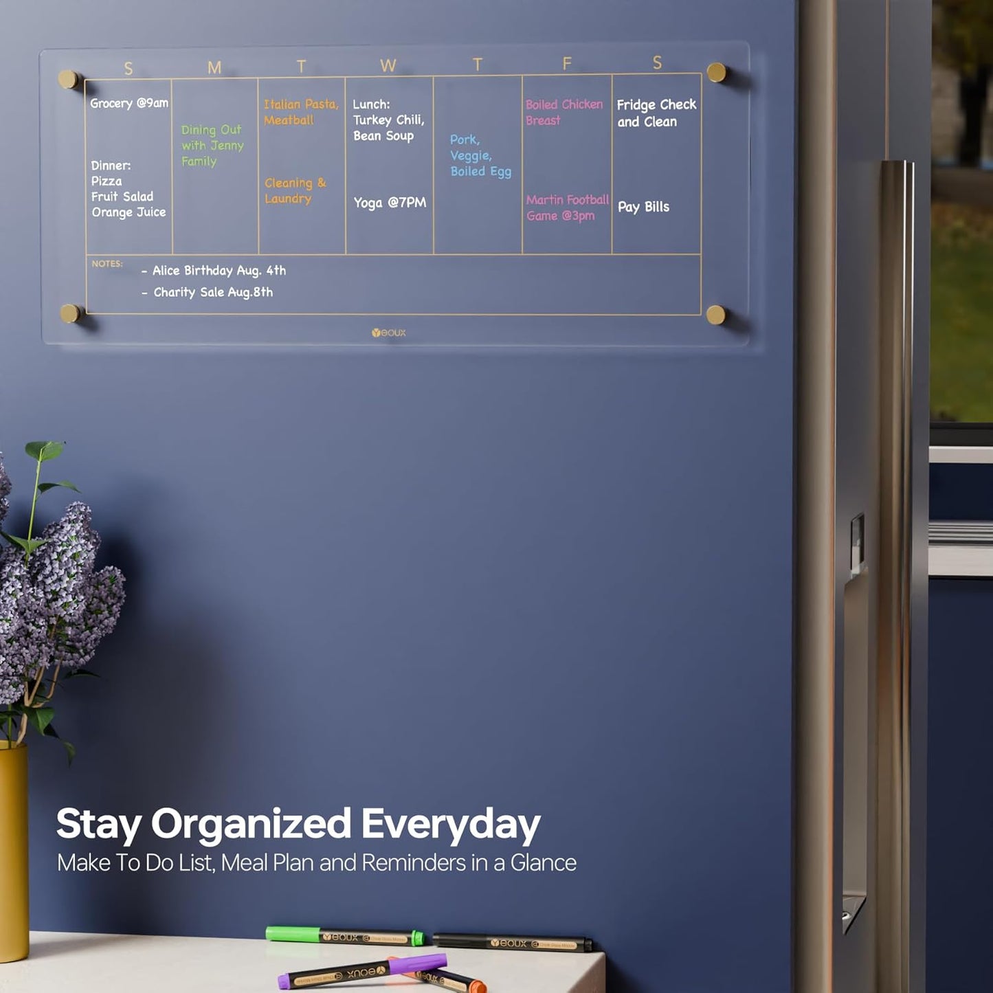 Black Glass Golden Weekly Dry Erase Calendar & Menu Whiteboard for Wall, Meal Planning & Grocery Shopping List White Board for Kitchen & Home, 15x11, 4 Wet Erase Markers Included, Yeoux