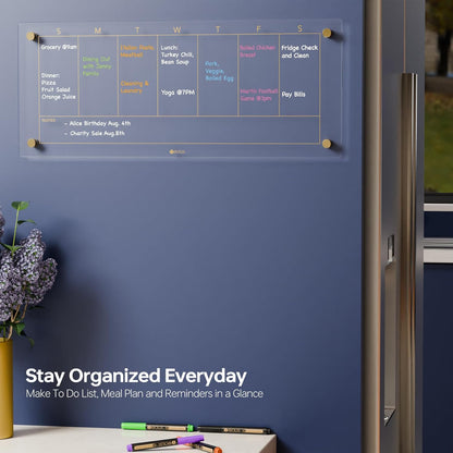 Black Glass Golden Weekly Dry Erase Calendar & Menu Whiteboard for Wall, Meal Planning & Grocery Shopping List White Board for Kitchen & Home, 15x11, 4 Wet Erase Markers Included, Yeoux